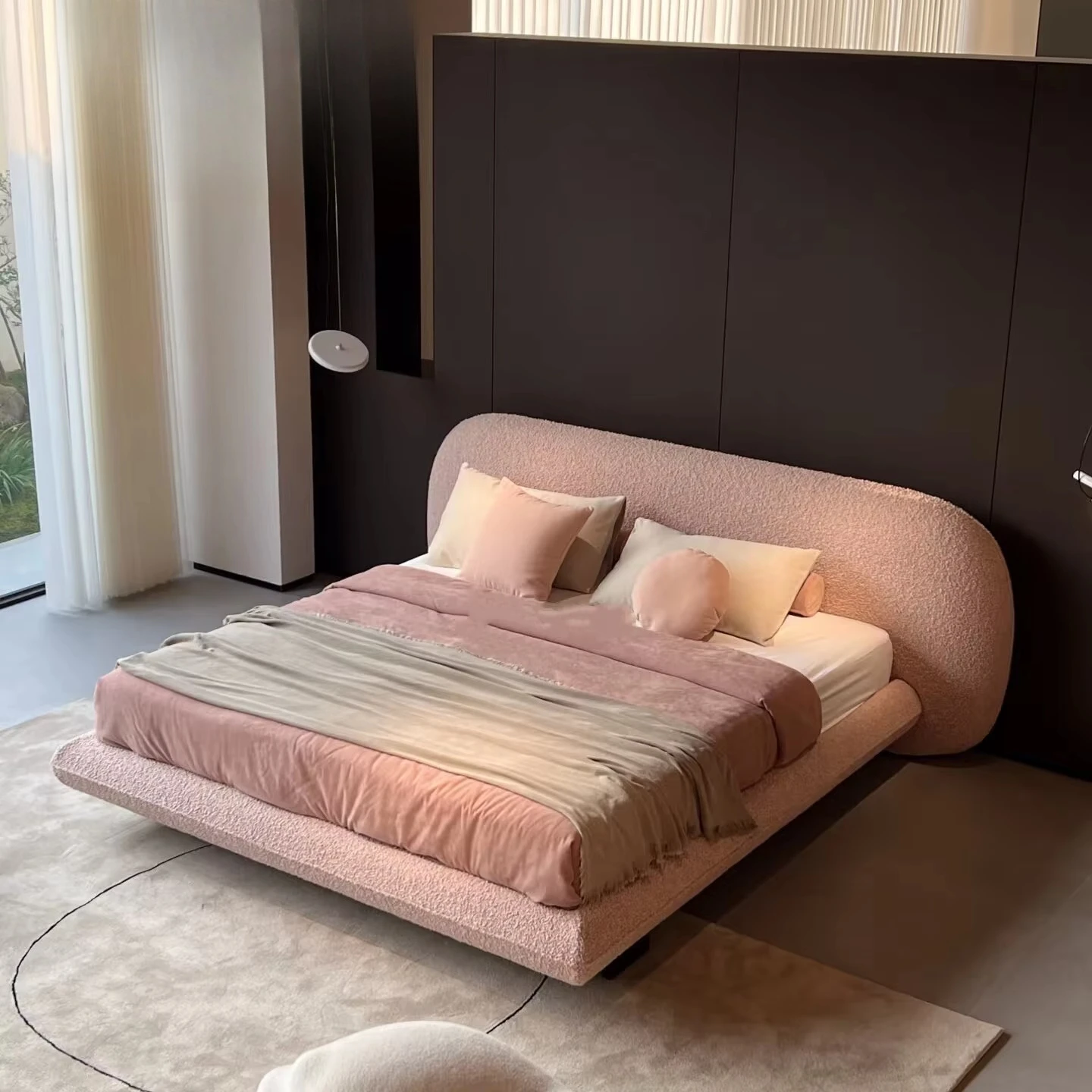 Vintage style double bed widescreen half moon design lamb wool upholstered without bed frame view 2