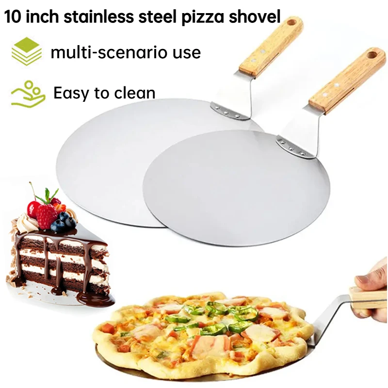 Image of 10 Zoll Edelstahl-Pizzaschaufel mit Holzgriff, Große Schaufeloberfläche, Aufhängbar, Kuchen- und Pfannenwender, Pfannenwender-Werkzeug