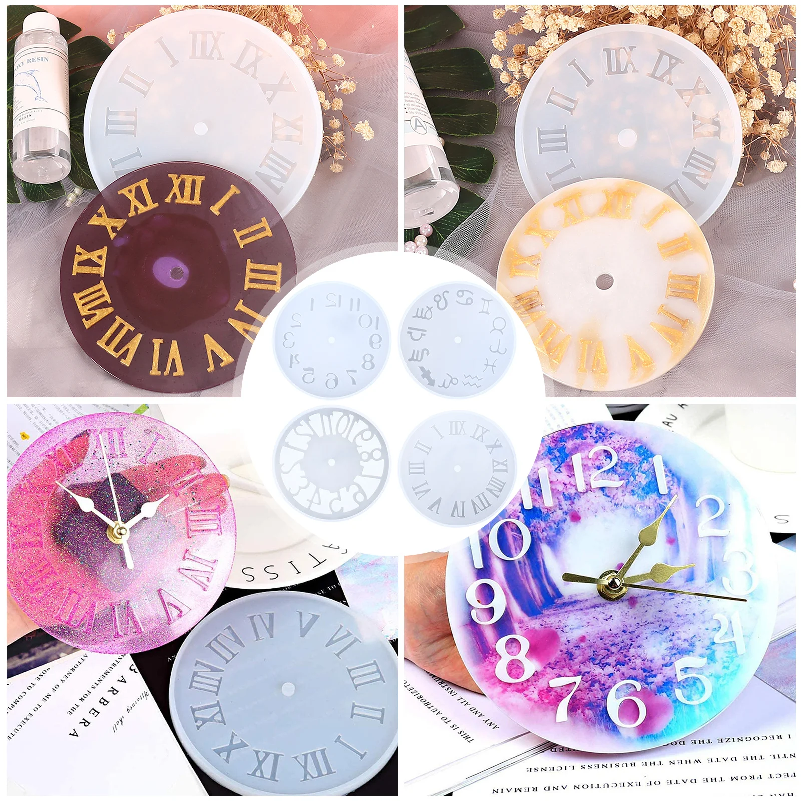 

4pcs Clock Mold Silicone Diy Art Mould For Resin Epoxy Craft Making Hollow Digital Roman Numerals Constellation Crafts
