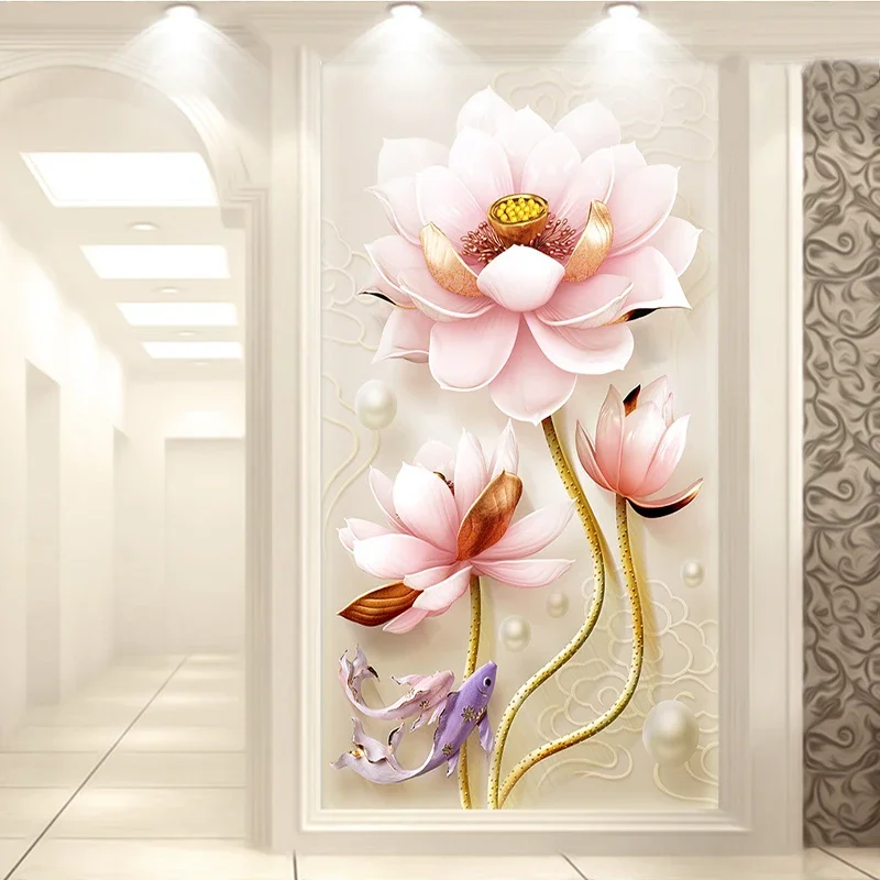 

Custom 3D Photo Wallpaper Chinese Style 3D Lotus Relief Non-woven LivingRoom Entrance Decor Mural Wall Painting Wallpaper Flower