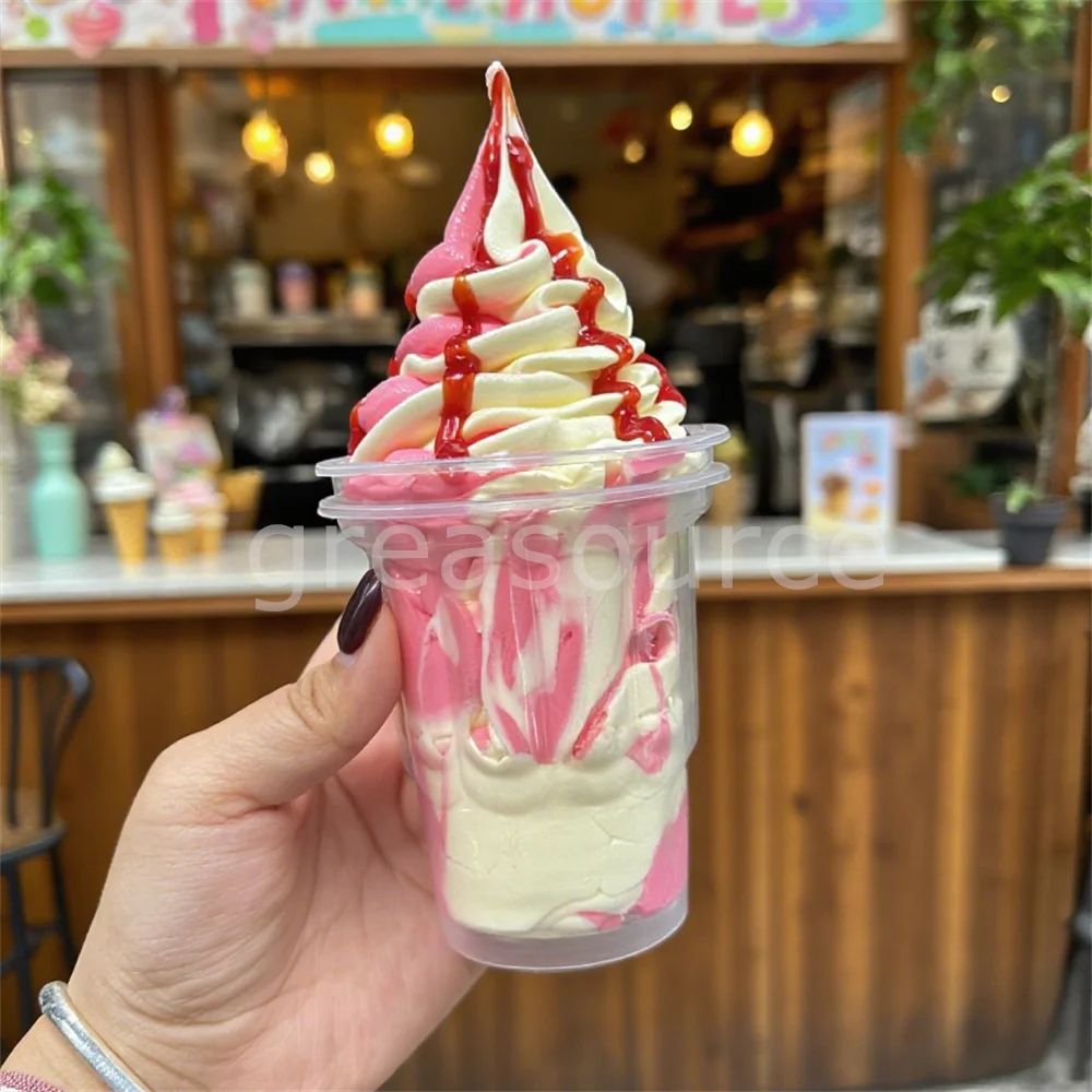 

Vanilla Pink Ice Cream 250ml Sundae Cup Model Food Display Strawberry Sauce Cute Props 9oz Soft Serve