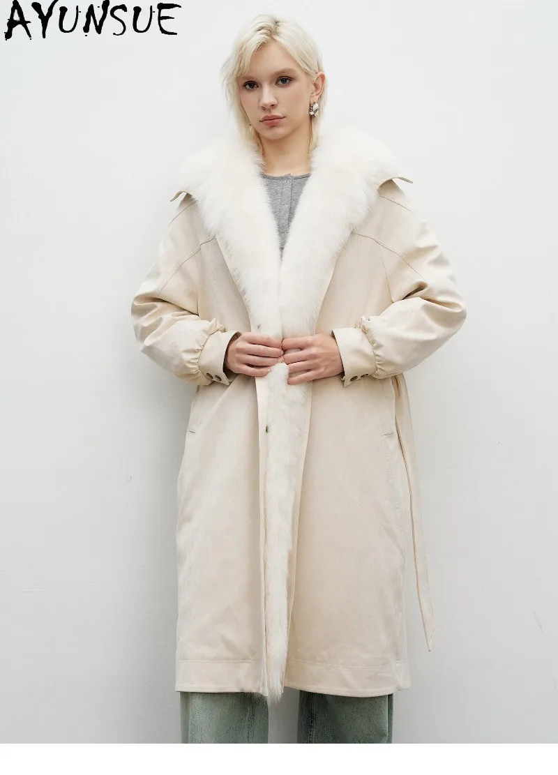 AYUNSUE White Goose Down Parka Womens Coat Warm Winter Long Length Clothes Female Suede Genuine Fox Fur Collar Clothing пуховик
