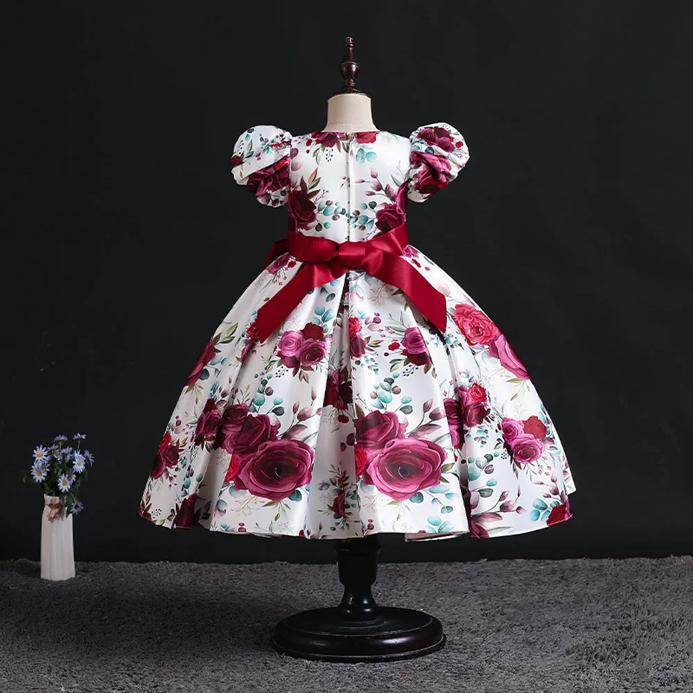 HETISO Girls Dresses for Party Rose Floral Satin Children Holiday Dress Kids\' Elegant Christmas Gown vestido niña 8 10 12 Years