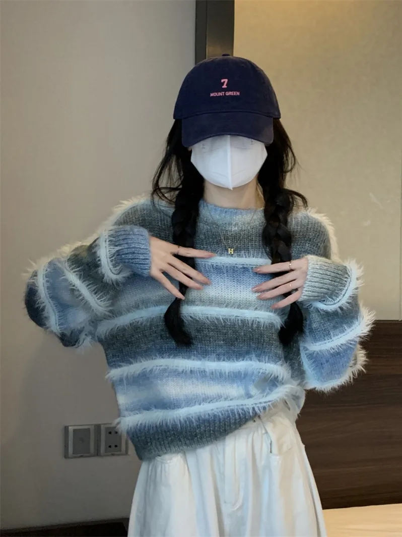 여성용 스웨터 2025 가을 겨울 신상 슬레 도파인 스트라이프 레이지 하이엔드 아름다운 탑 스위트 슬레 루즈핏