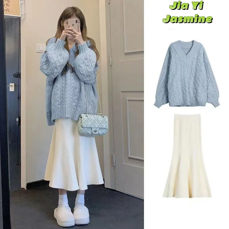 Women's autumn and winter new Korean version slimming and gentle knitted sweater fishtail skirt 2-piece set