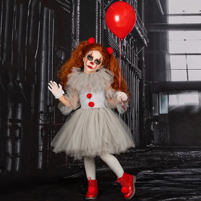 2024 Halloween Costume for Kids Gray Girls Tutu Dress Kids Cosplay Scary Clown Costume Carnival Masquerade Party Dress Up 3-12Y