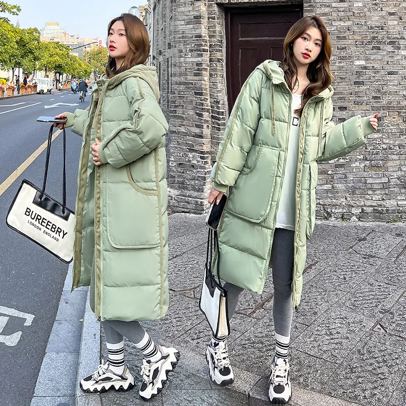 باركر شتاء دافئ مقنعين بلون المرأة سترة قطن 2025New معطف بأكمام طويلة موضة منتصف طول المرأة سترة قطن