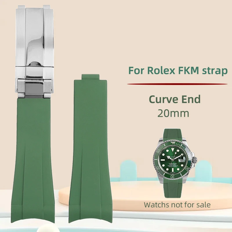 

‌20mm Curved FKM Rubber Strap for Rolex Oyster Perpetual Daytona GMT Submariner Black / Green Watch Men Women replacement parts