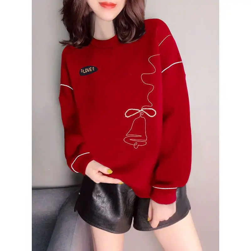 

Slouchy and romantic red pullover hoodies women European 2023 spring and autumn new loose o neck long sleeve hoodies female top