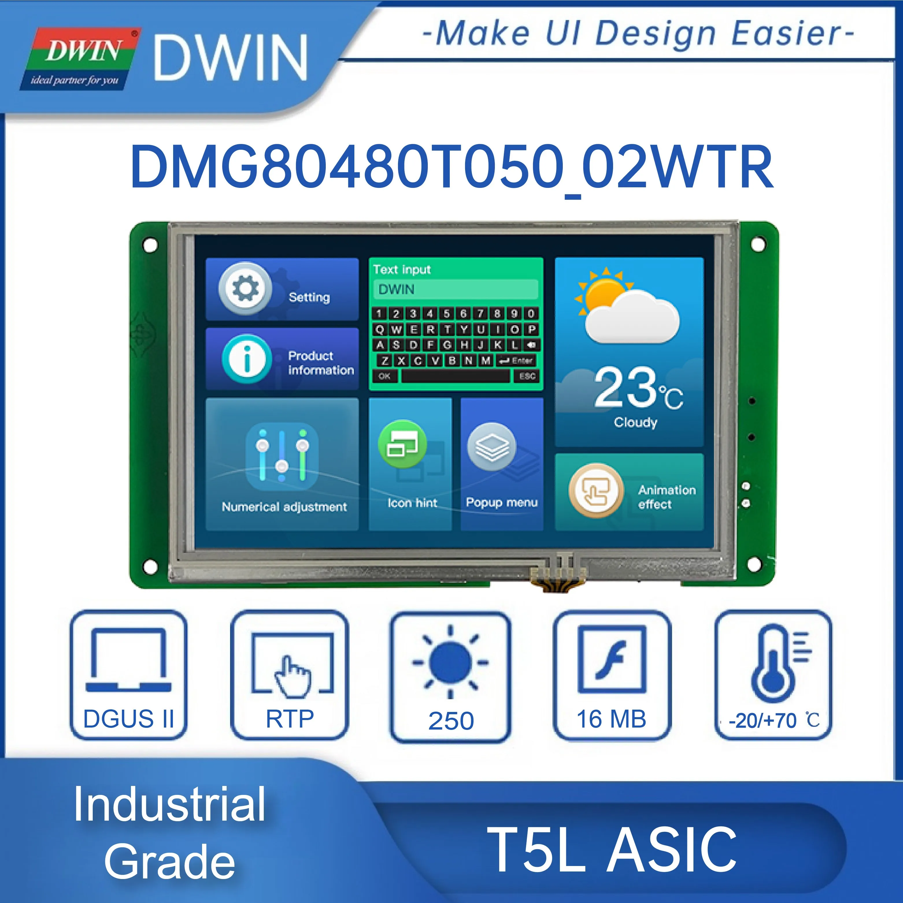 DWIN 5.0 Inch 800*480 TTL/RS232 Industrial TFT LCD HMI Dispaly Module Capacitive Resistive Touch Panel DMG80480T050_02W