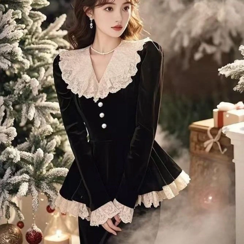 

French Style Women Spring Fall Lace Patchwork Ruffles High Waist Black Velvet Top Shirt , Woman Slim Vintage Velour Tops Shirts