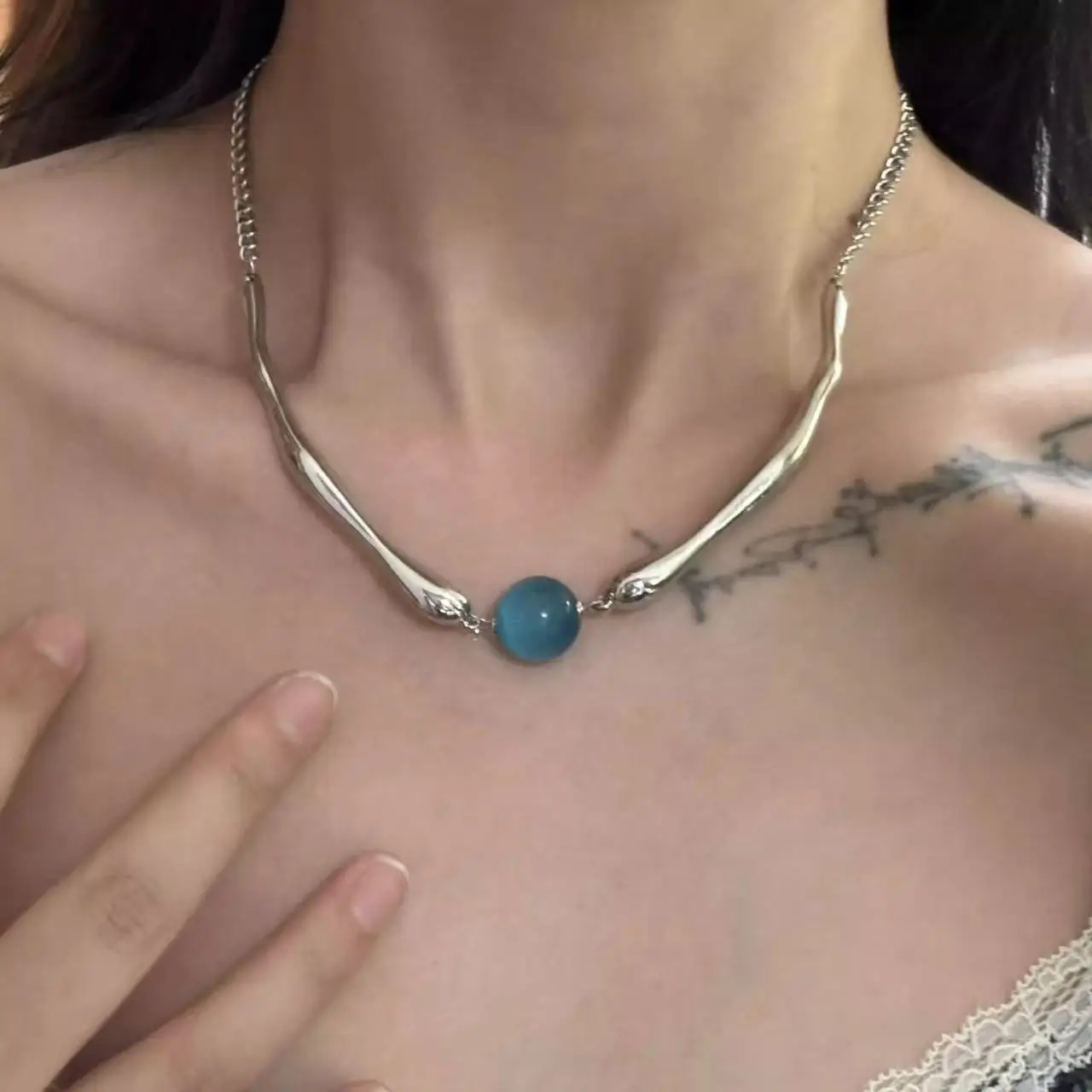 Y2k Punk Vintage NecklaceMen's and Women's Universal Fashion Collar Chains  Blue Crystal Pendant Neck Aesthetic Jewelry