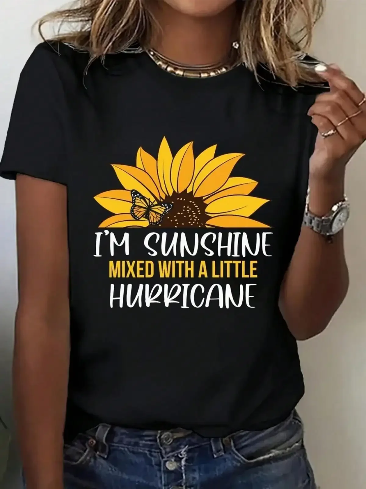 Women'S Black Im Sunshine Mixed With A Little Hurricane Graphic T-Shirt Sunflower & Butterfly Design Soft Round Neck Casual Top Machine Washable All Season Comfort Everyday Top, Seasonal , Retro Design, Comfortable Fit, Short Sleeve Shirt
