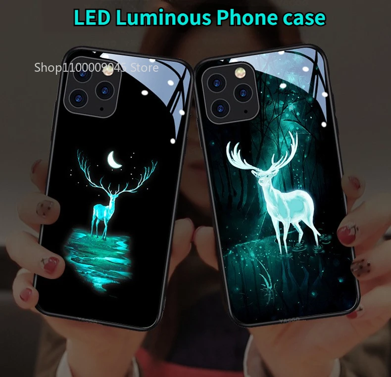 

Elk LED Light Glowing Luminous Tempered Glass Back Phone Case For iPhone 15 14 13 12 11 Pro Max X XR XS 7 8 plus mini SE20 Cover