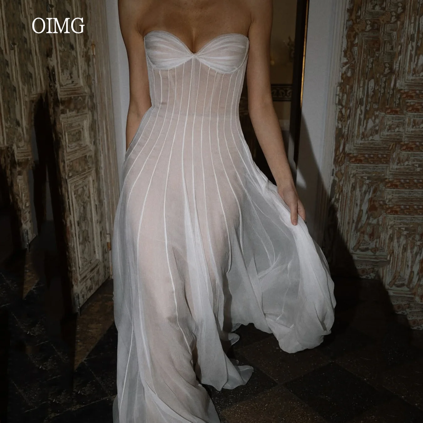 

OIMG Graceful Ivory Lineated A-line Wedding Dress Sweetheart Neck Bride Dresses Floor Length Wedding Gowns 2025 Customized