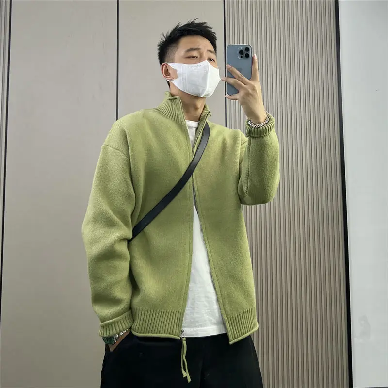 Knitted Cardigan Male Loose with Zipper Men's Sweaters Cotton Green Jackets Fit Cashmere Long Sleeve Harajuku Korean Fashion Top