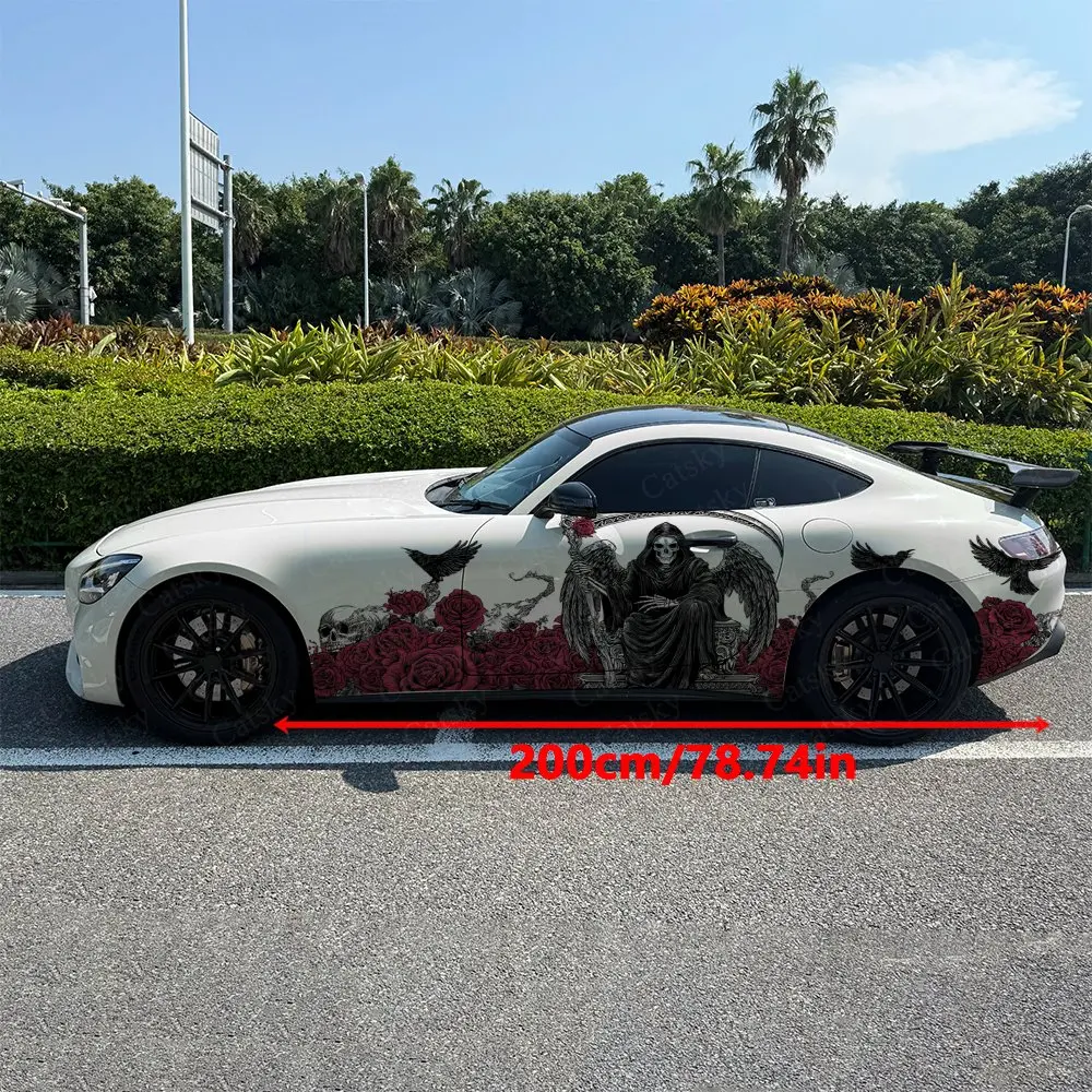 2pcs Red Roses Reaper Raven Car Side Wraps, Self-Adhesive PVC Waterproof & Scratch-Resistant Stickers, Car Accessory Gift