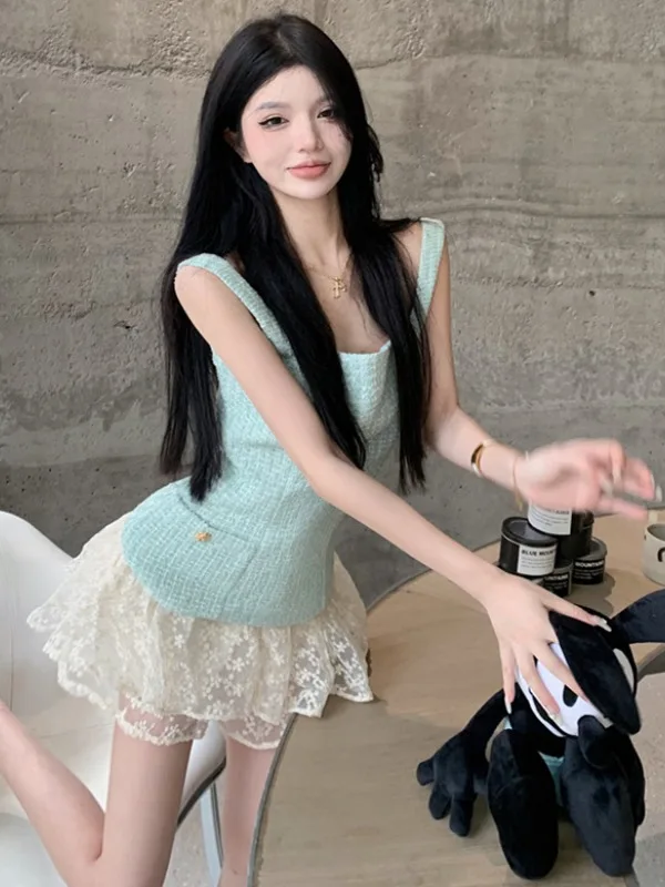 

Small Fragrance Style Two-Piece Set Sleeveless Vest Top Half-length Skirt Summer Fashion Luxury Women's Clothing Ensemble