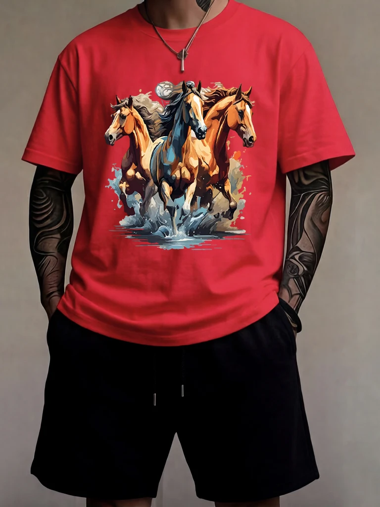 

Year Of The Horse Grand Display Printed Man Summer Simple T Shirt Sets Cotton Breathable Street Clothing Pocket Loose Shorts