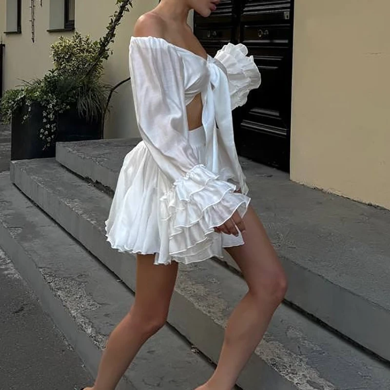 Sexy Lace-up Solid Hollow Two Piece Suit Women Off Shoulder Crop Top & Pleated Mini Skirts Set Autumn Long Sleeve Ruffle Outfits view 5