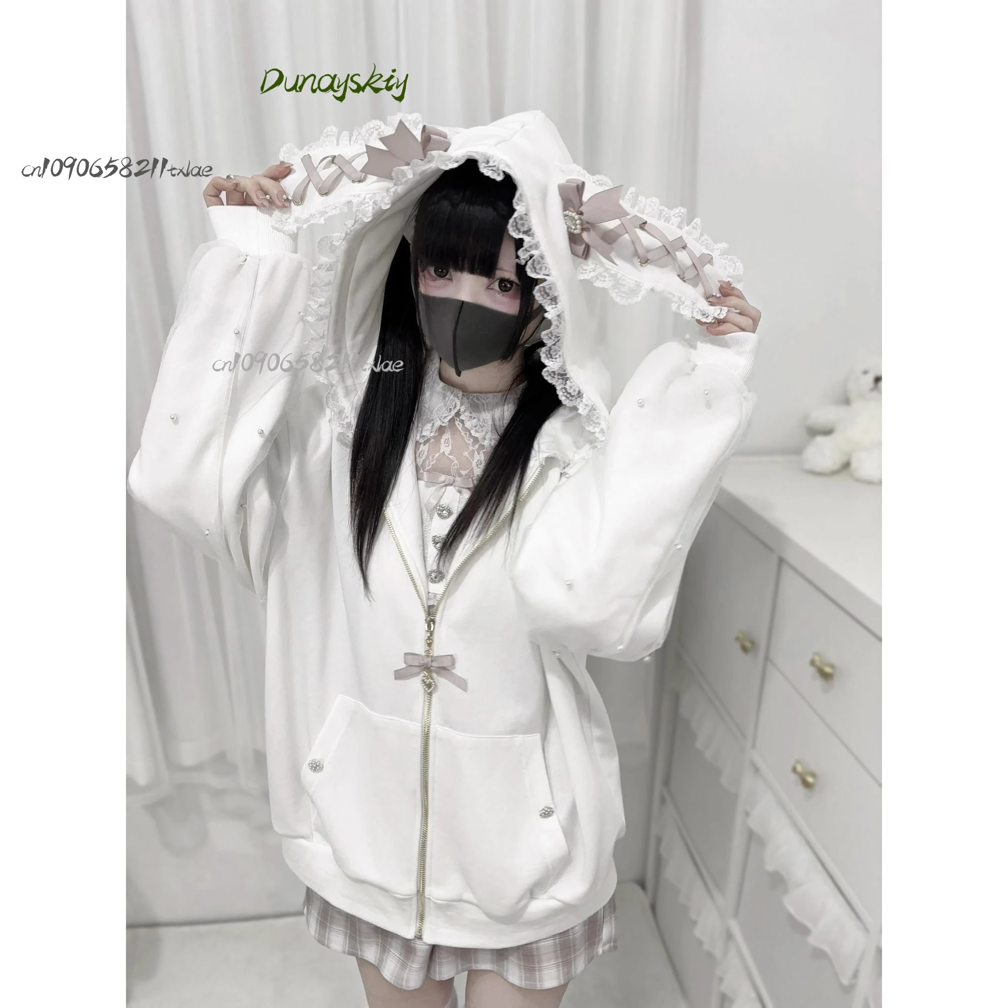Bunny Hoodie Hoodies Y2K Rabbit Ear Hoodie Lolita Jacket Bow Girls Pearl JK Japan Lace Kawaii Zipper Cardigan Long Sleeved Top