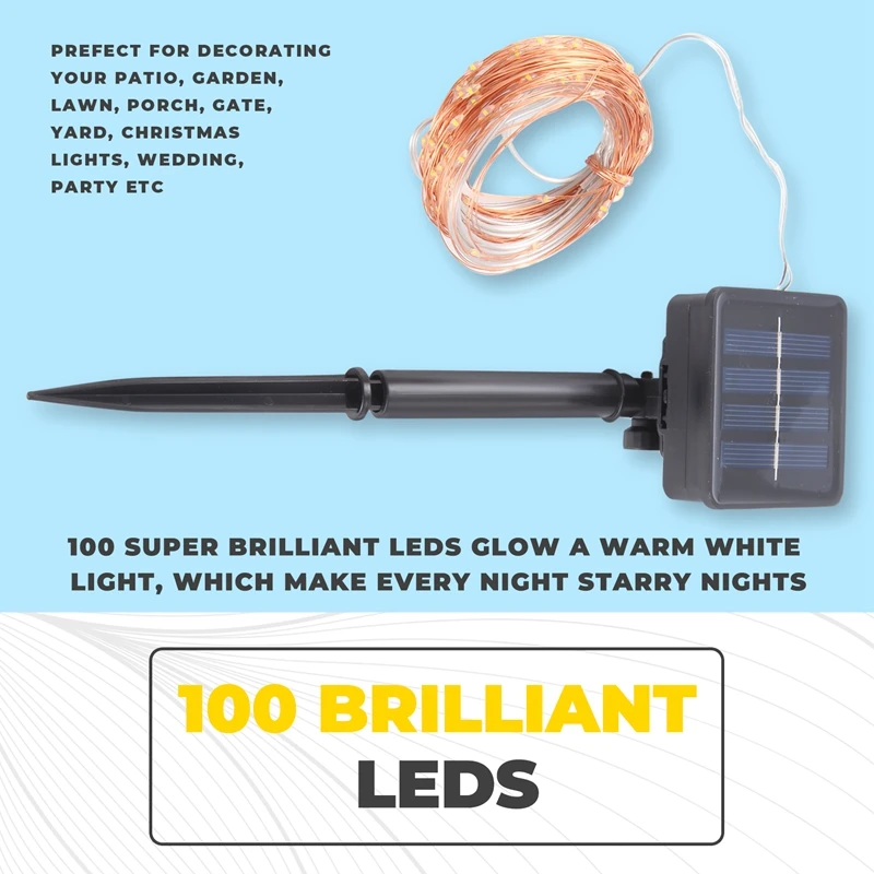 أضواء سلسلة الطاقة الشمسية AA46، 10M 100LED أضواء سلسلة خارجية، أضواء سلسلة زخرفية مقاومة للماء للفناء والحديقة والبوابة والساحة، P