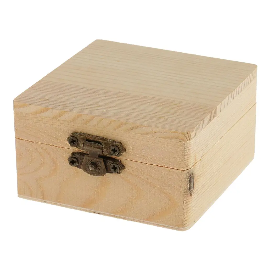 10X Square Shape Unfinished Wooden Box Jewelry Gift Box Case W/Lock DIY Craft