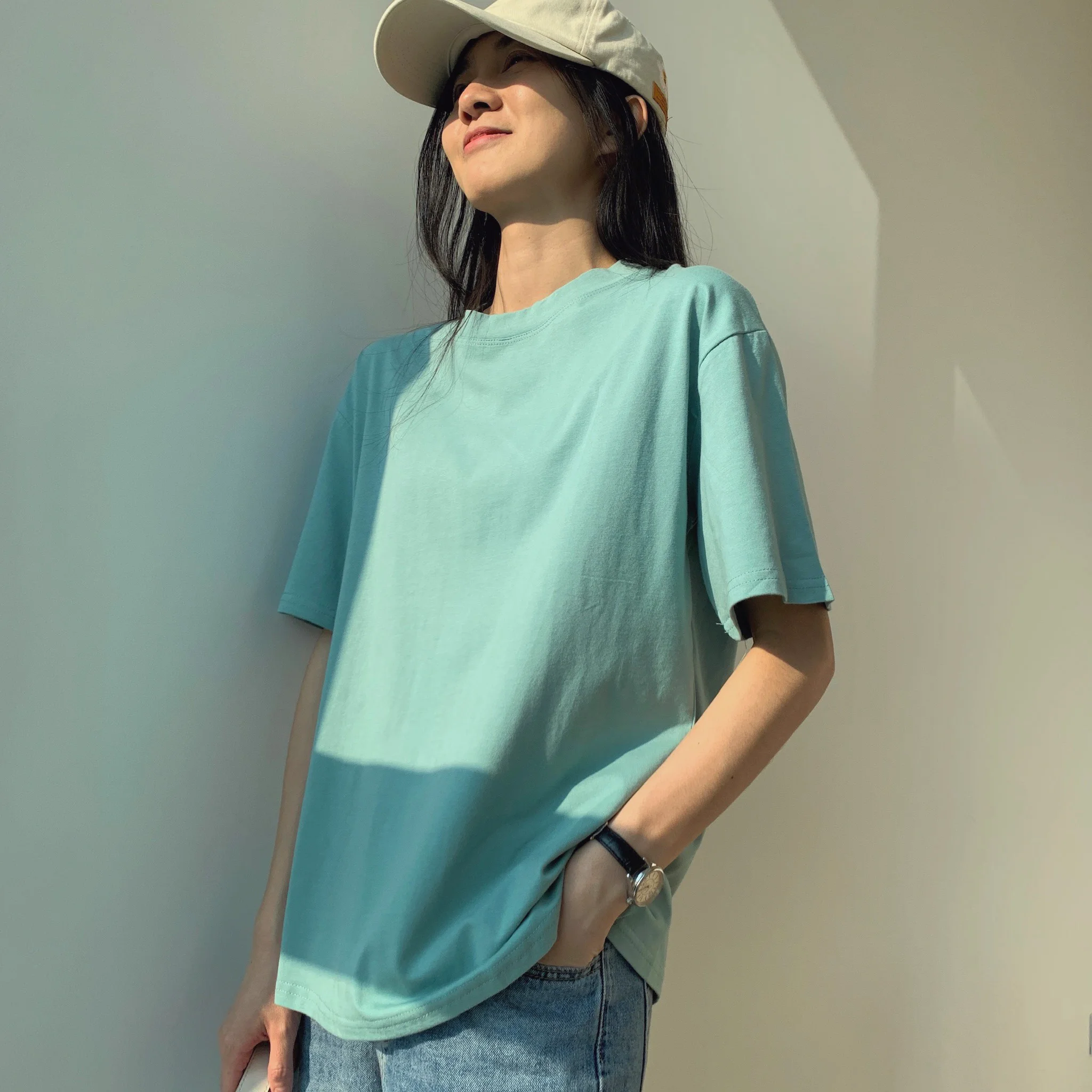 Light Blue Loose Women's Cotton T-shirt Short Sleeve  Color Korean Style Half Sleeve Oversize BF Student Summer Top