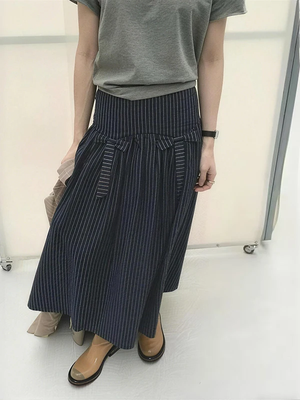 

Spring 2026 Knot Decorated A-Line Skirt Vertical Stripes Versatile Age-Defying Design Ladies Low Waist Cotton