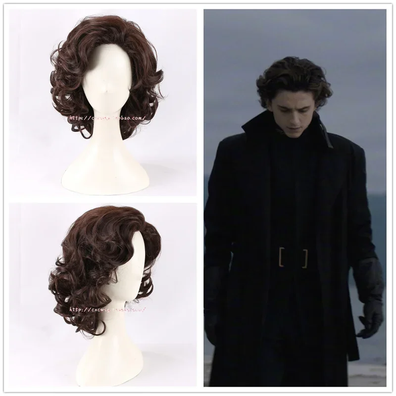 New Moive Dune Paul Atreides Cosplay Wig Men Dark Brown Short Curly Synthetic Hair Wig Heat Resistant   Free Wig Cap