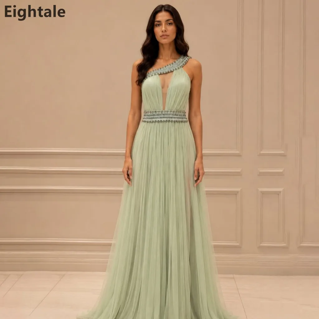 

Sevintage 2026 Mint Green One Shoulder Evening Dress Beaded Tulle Floor Length Dubai Formal Party Gown robe de soirée Customized