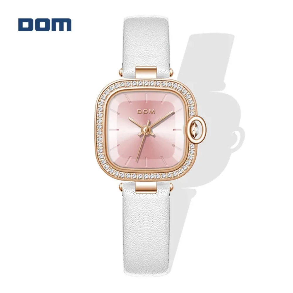 DOM New Square Simplicity Fashion Leather Brand Casual Women\'s Quartz Girl Pink Clockwise Waterproof Watch Souvenir Gift1371