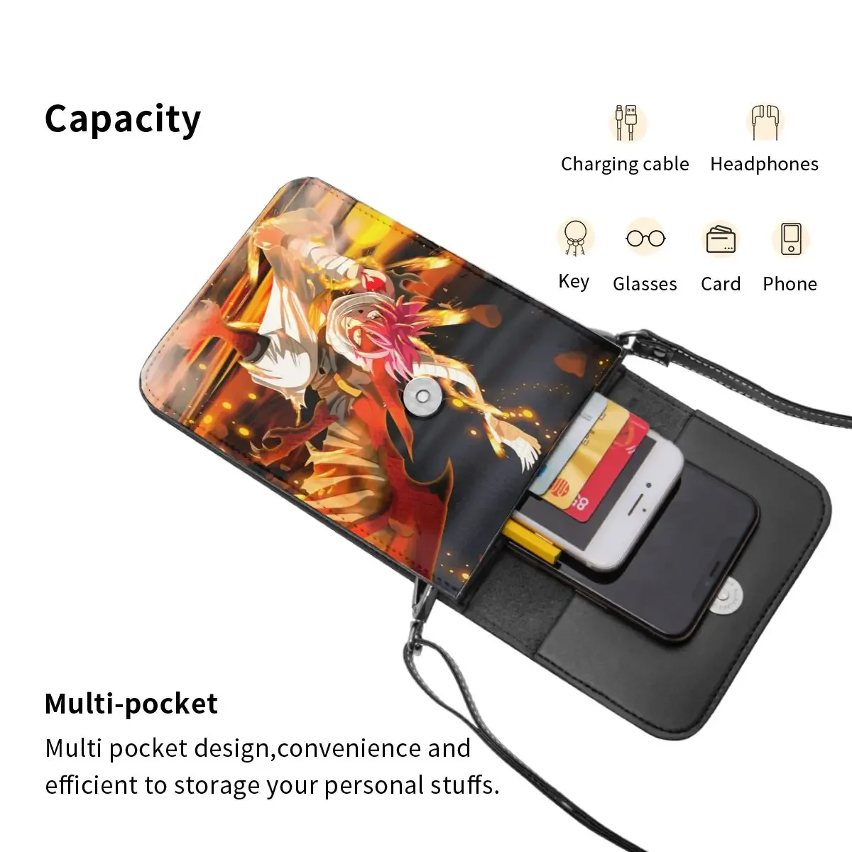 أنيمي الجنية الذيل Crossbody المحفظة حقيبة الهاتف الخليوي حقيبة الكتف محفظة الهاتف الخليوي حزام قابل للتعديل