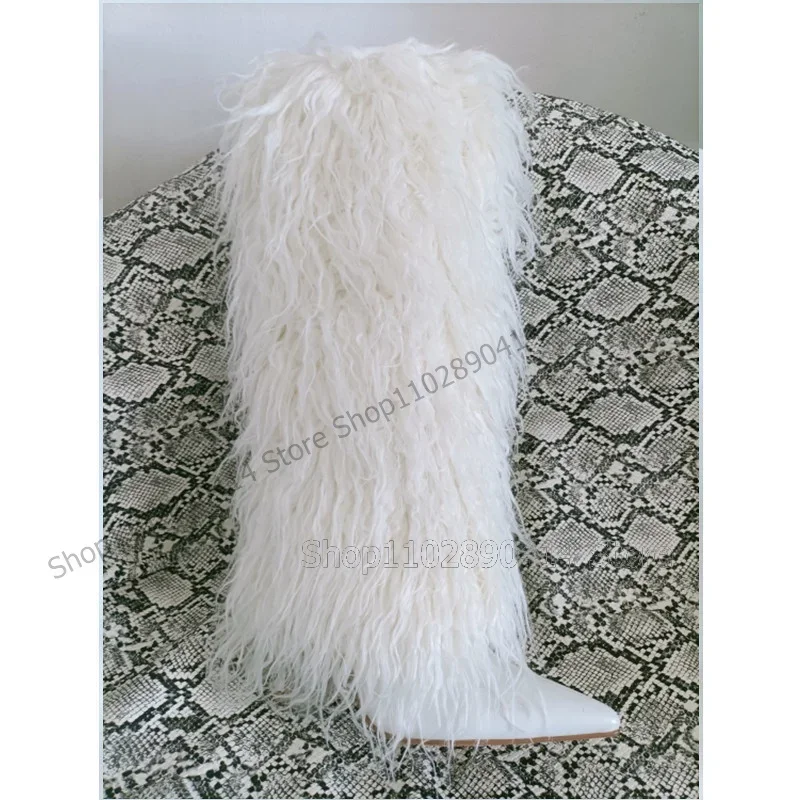 

White Fur Decor Turned Over Pointed Toe Boots Slip On Women Shoes Thin High Heels Fashion Party Banquet 2025 Zapatos Para Mujere