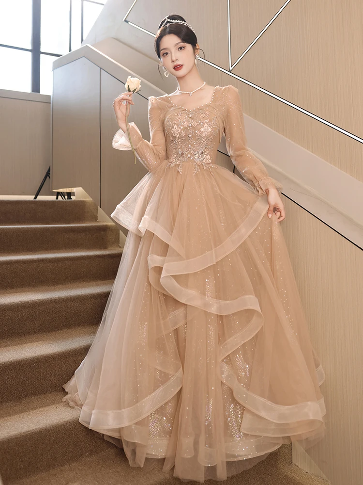 Beadding Square Collar Evening Dress Women\'s Light Luxury Sequin Long Dresses 2023 New Winter Long Sleeve Tulle A-line Prom Gown