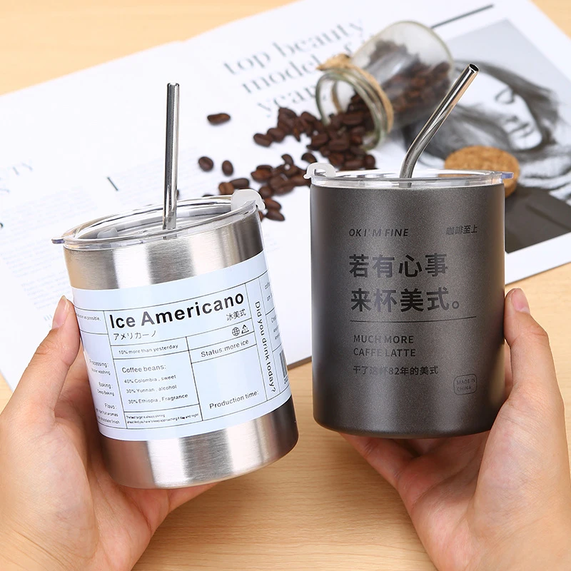 Stainless Steel Mug with Lid, Coffee Cup, Espresso Cups, Aesthetic Cold, Pretty Drinkware, Drink Items, Straw Bar, 320 ml, 600ml