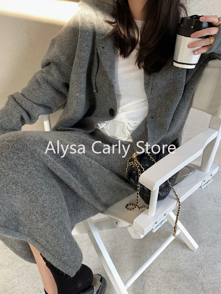 Elegant Knitting 2 Piece Set Women Long Sleeve Coat + Casual Midi Skirt 2023 Winter Vintage Party Office Lady Korean Knited Suit