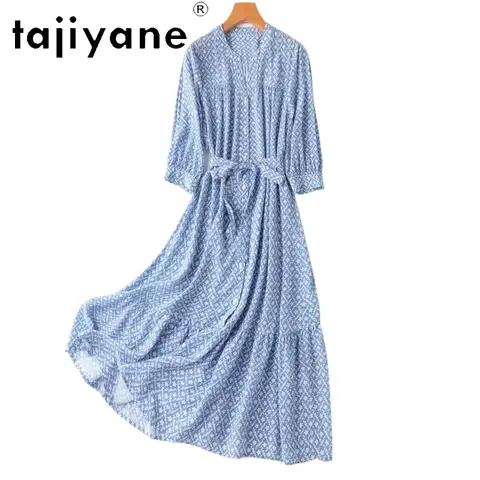 TAJIYANE 100% Mullbärssidensklänning Kvinna Sommar 2025 Elegant V-ringad Långklänning Fest Blå Klänningar Damkläder платье женское 10 best sales 100 sidenklänningar - №6