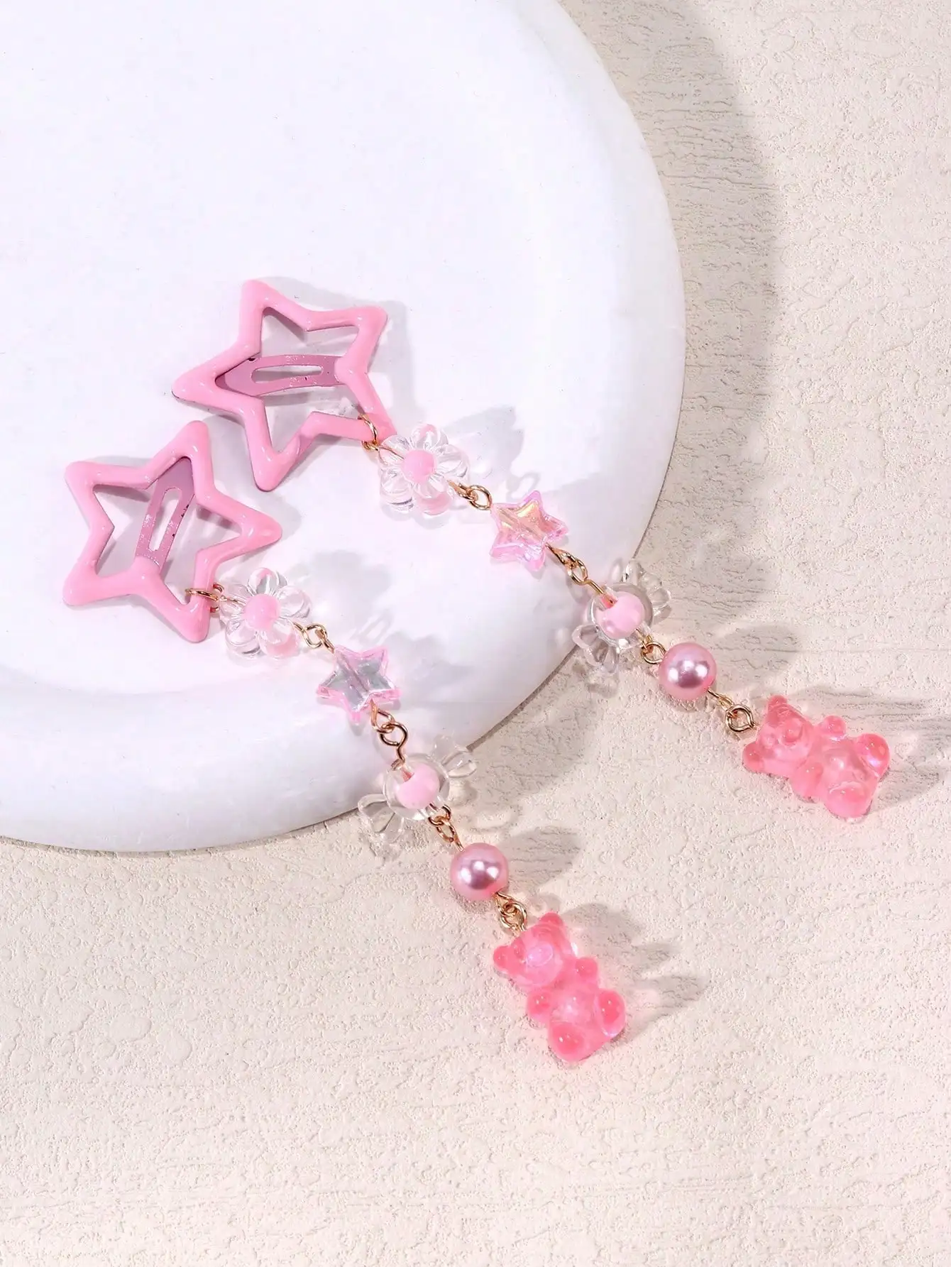 

2pcs Y2K Pink Pentagram Teddy Bear Candy Decor Hair Clips, Fairy Aesthetic, Suitable As Gift For Friends
