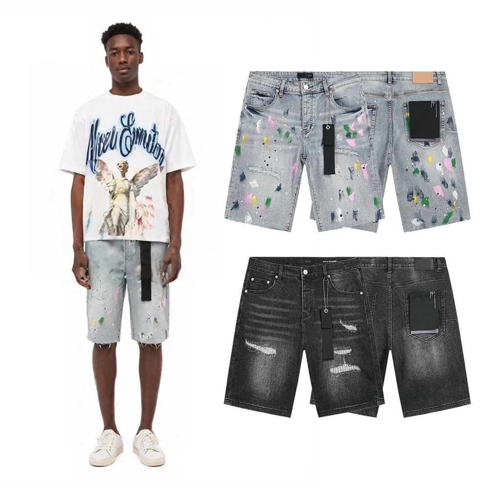 

Y2K Men's Shorts Jeans Streetwear Casual Spray Point Printed Hiphop Street Style Retro Vintage Ripped Denim Jeans Shorts for Men