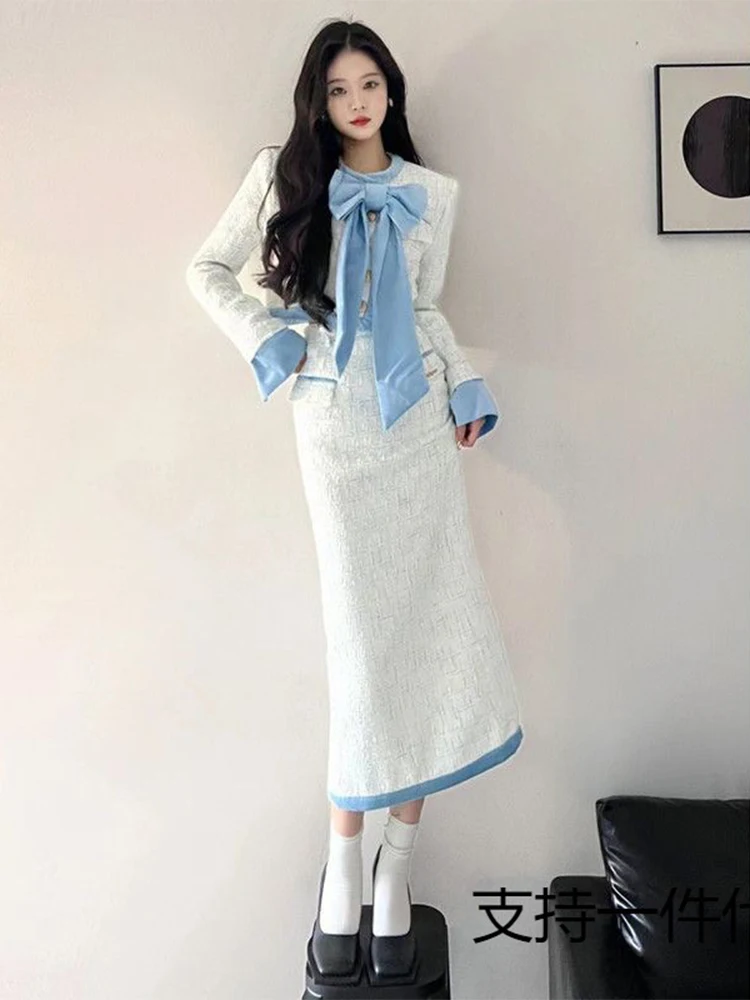 Korea Elegant Women Fall Winter 2 Piece Sets Bow Design Plaid Casual Coats Tops Ensemble Sexy Slim High Wasit Skirts Conjunto