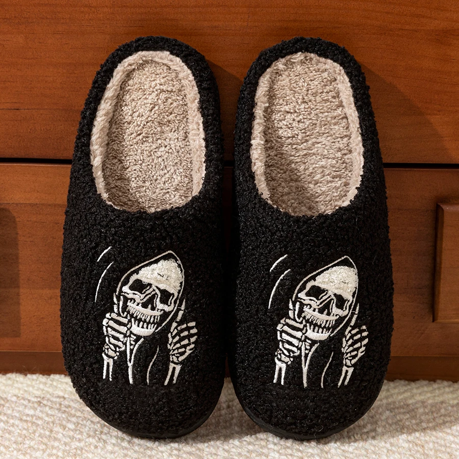 Fashion Halloween Skeleton Ghostface Couple Winter Women Cotton Slippers Toe Wrap Warm Indoor Mute Non Slip Floor Flat Shoes