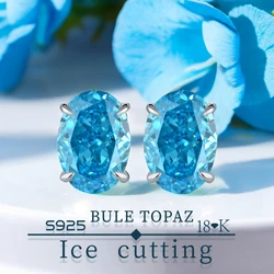 S925 sterling silver plated platinum and golden Oval earrings classic Excellent ice cut Blue Topaz zircon earrings for women