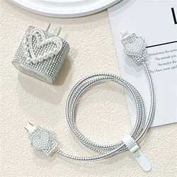 Luxury Love Heart Diamond Set Charger Cover For IPhone 11 12 13 14 18W-20W Sparkle Clear Charge Protection Cover Charger Sleeve