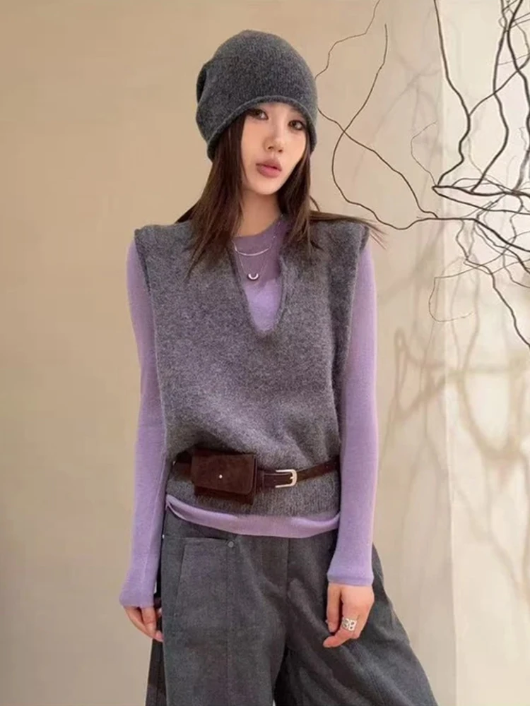 

Sli Early Autumn Two-Piece Set Women's Knitted Vest T-irt Layering Beautiful Korean Sle Regular Fit Polyester Fiber