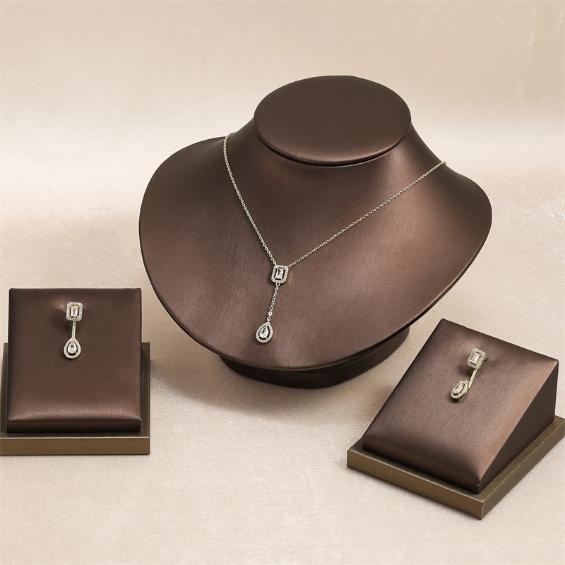 RAKOL Stylish Geometric Paper Clip Zircon Pendant Necklace Earrings For Women Men Gold Silver Color Statement Jewelry Set Gifts