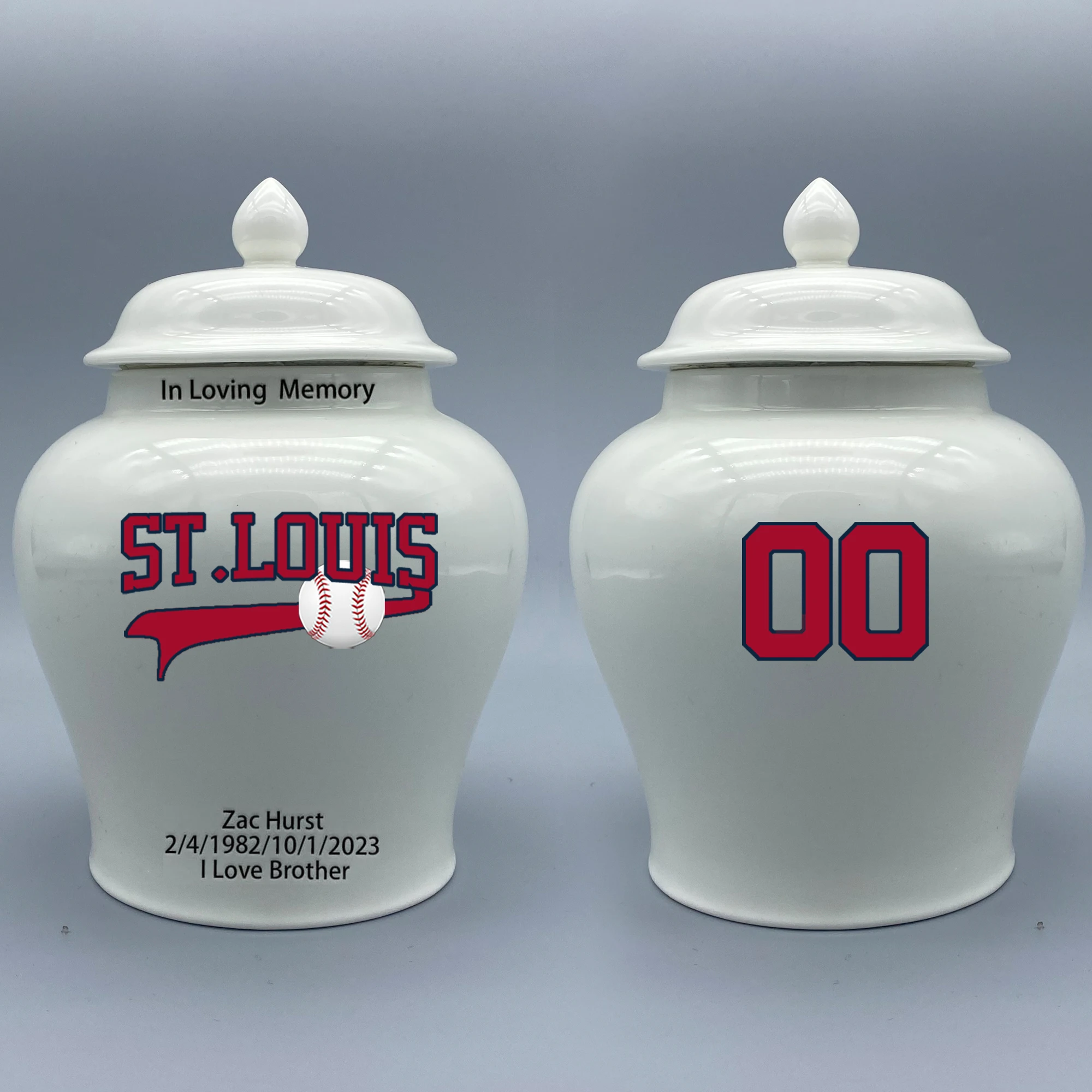 

Medium Urn for St-Loui-Cardinals-themed Logo Urn.Please send me the customize information-name/date and number on the urn