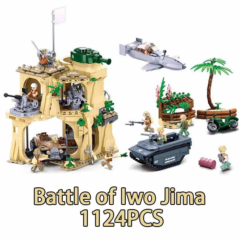 SLUBAN Military WW2 Pacific War Scenario M4 Medium Tank Aircrafts Model Building Blocks Soldier Dolls Sets Brick Kids Toys Gifts