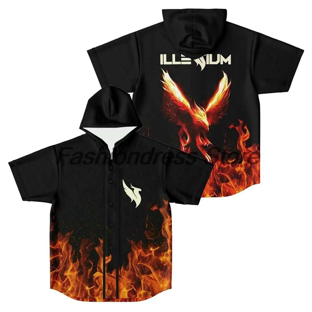 

Illenium Fire Hooded Baseball Jersey 2026 Music Festival Short Sleeve Button-Down Shirts Women Men Streetwear Tops
