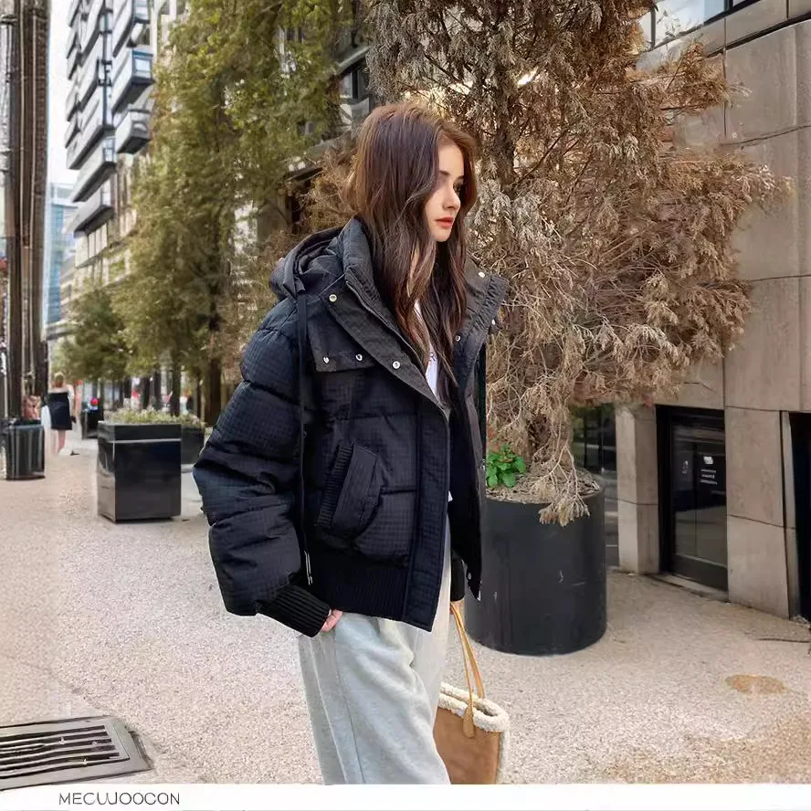 Winter Women\'s Winter Jacket Female Hooded Pure Color Thicken Warm Cotton Jacket 2 Pocket Threaded Splicing Short Cotton Jacket